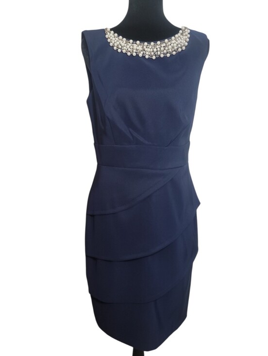 dressbarn Dresses & Skirts - Dressbarn navy blue beaded neck sleeveless layered front sheath dress size 8